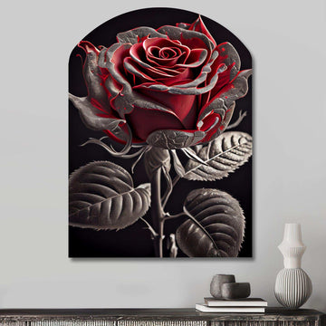 Blossoming Rose In Red And Gray I - Asymmetric Metal Wall Art